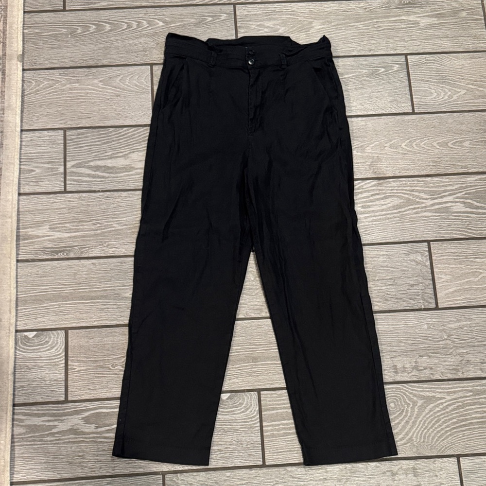 Evereve Linen Lovell Blend Paper Bag Straight Leg Black Trouser Pants size 32